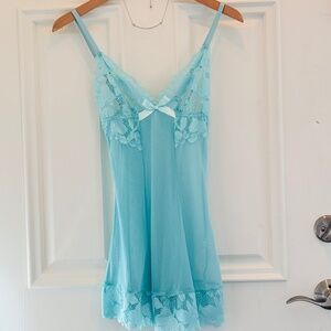 Tiffany Blue Sheer Lace Slip with Adjustable Straps and Bow Detail Size Small